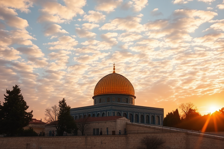 Capture an image of the Dome of the Rock in Jerusalem during golden hour, with a low angle view, f/11 aperture, ISO 100, 1/200 sec shutter speed, using a DSLR camera with a wide-angle lens to enhance depth and detail, ensuring vibrant colors and dramatic cloud patterns in the sky.