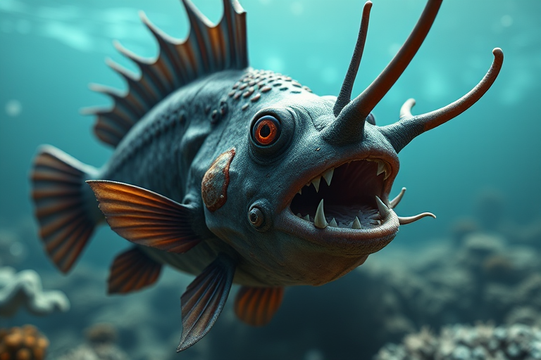 Create a detailed 3D rendering of a deep-sea anglerfish with exaggerated features, underwater environment, soft lighting, camera settings: f/11, ISO 200, shutter speed 1/60s, camera view: close-up, camera style: realistic, camera type: digital SLR, emphasize textures and colors.