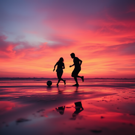 silhouettes of two people playing soccer on a beach at sunset with vibrant pink and orange sky reflections in the wet sand, 35mm lens, f/2.8 aperture, ISO 100, shutter speed 1/250s, slight vignette effect, DSLR camera, landscape orientation.