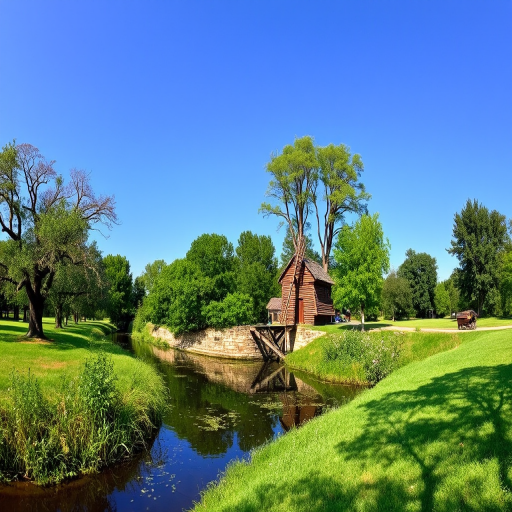 Capture a serene landscape featuring a watermill surrounded by lush greenery and trees, with a clear blue sky in the background, using a DSLR camera at f/8 aperture, ISO 100, 24mm lens, with a wide-angle view to enhance depth and clarity.