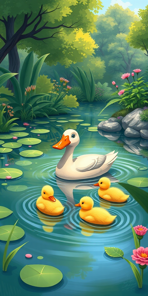 create a vibrant cartoon-style illustration of a pond scene with a mother duck and three ducklings swimming, surrounded by lush green trees, plants, and flowers, captured with a DSLR camera at f/8 aperture, 24mm lens, ISO 100, using a wide-angle perspective to enhance image quality and depth.