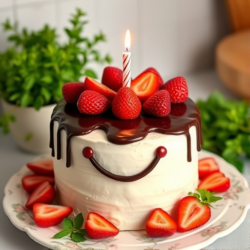 A cute and cheerful cake with a smiling face made of cream and chocolate, topped with fresh strawberries and a single candle, sitting on a decorative plate, surrounded by sliced strawberries and green plants in a kitchen setting.