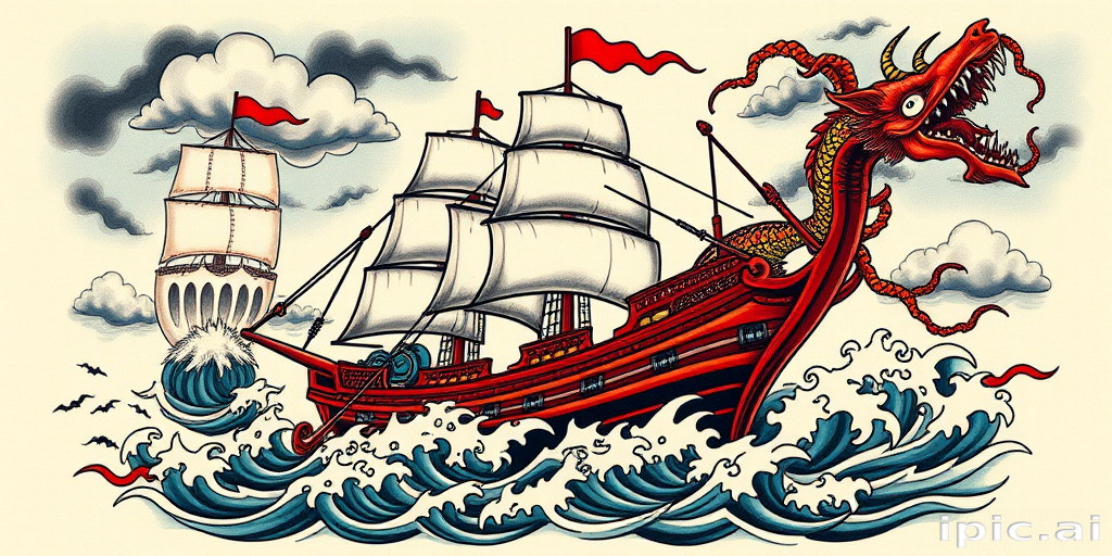 Neo-traditional ship tattoo with bold outlines and vibrant colors, incorporating mythical sea creatures and stormy skies to create a dynamic and visually striking nautical scene