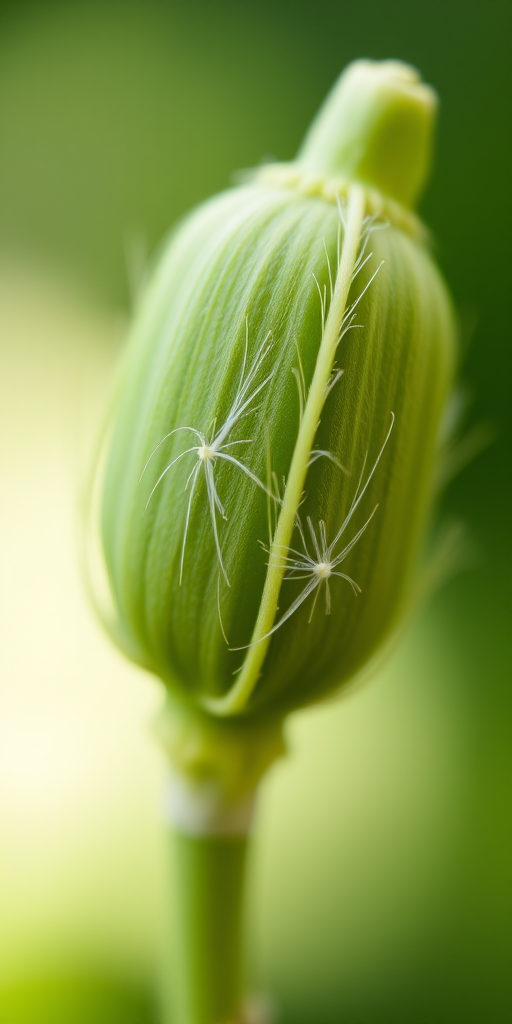 Close-up of a green plant pod with fine hairs, soft blurred background, taken with a DSLR camera at f/2.8 aperture, 1/200 sec shutter speed, ISO 100, natural light for enhanced detail and depth of field.
