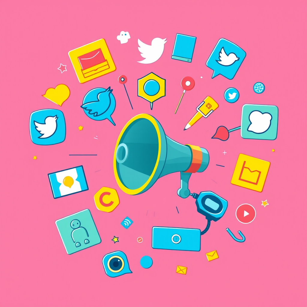 A vibrant digital illustration featuring a megaphone in the center with surrounding icons representing social media and creativity, set against a pink background, captured with a Nikon D850, 50mm lens, f/1.8 aperture, ISO 100, shot in natural light.