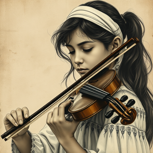 a young M'tis woman with a white headband playing a violin, in the style of a charcoal drawing, sepia grunge background