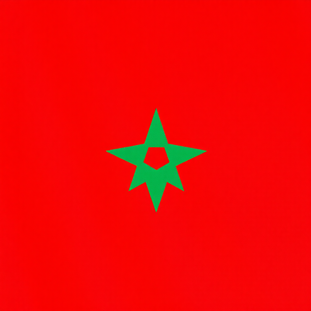 create an image of the Moroccan flag with a red background and a green star in the center, shot with a Canon EOS R5 at f/8, ISO 100, in landscape orientation, using a flat lay style for clarity and detail