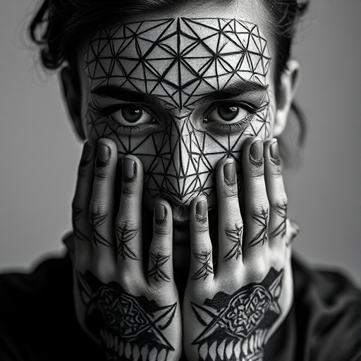 Create a high-resolution black and white image of a person with intricate geometric patterns covering their face and hands, shot with a 50mm lens at f/1.8, ISO 100, 1/125 sec, in studio lighting, with a soft focus background to enhance the contrast and detail.