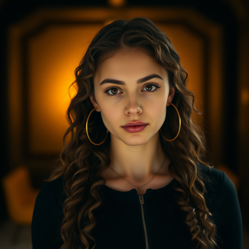 A young woman with long, curly brown hair is looking directly at the viewer. She is wearing a black top with a zipper down the front. The setting is a dimly lit interior space, with a warm, golden light emanating from the background. Her expression is neutral, with a hint of seriousness. The image is a close-up portrait with a shallow depth of field, focusing on the woman's face and torso. The background is blurred, creating a soft and intimate atmosphere.  She is wearing large gold hoop earrings, and a small gold chain is visible around her neck.  Her makeup is natural and simple, highlighting her brown eyes. The lighting creates subtle shadows that accentuate her features.  Her skin is smooth and glows in the soft light. The composition is balanced, with the woman's face positioned in the center of the frame.  The image is focused on capturing her beauty and confidence.