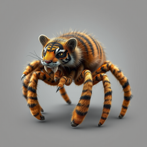 This charming yet frightening Spider Tiger features six legs, a hairy, furry body, and a cat-like tiger physique combined with an insectoid tiger head and tiger legs. The furry head further adds to the creature's unique appearance, creating a captivating blend of cuteness and fear that makes this six-legged, furry, insect-inspired tiger both adorable and scary.