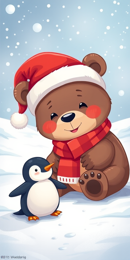 Create a cute holiday-themed illustration featuring a cartoon bear wearing a Santa hat and festive outfit, playing in the snow with a small penguin, in a snowy landscape with falling snowflakes, captured with a DSLR camera at f/2.8 aperture, ISO 100, 50mm lens for sharp focus, and a vibrant color palette.