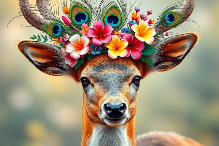 Create a detailed illustration of a deer with a vibrant floral crown including peacock feathers and various colorful flowers, using a soft focus background to enhance the subject, captured with a 50mm lens at f/2.8, natural light, DSLR camera for high-resolution quality.