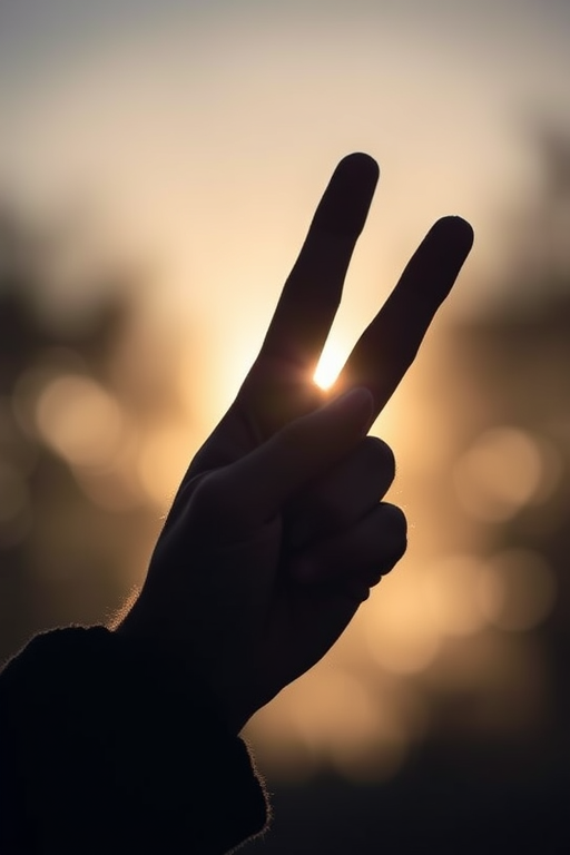 Create a high-resolution silhouette of a hand making a peace sign, captured with a Canon EOS R5, 50mm lens, f/1.8 aperture, ISO 100, natural lighting, and a shallow depth of field for a smooth background blur.