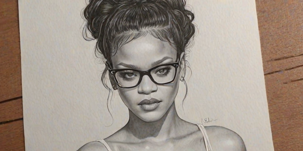 Bewitching Rihanna, pencil sketch, portrait of Charming woman 1978s in glasses, hair style beatnik, outline, clear lines, fine lines, 8k