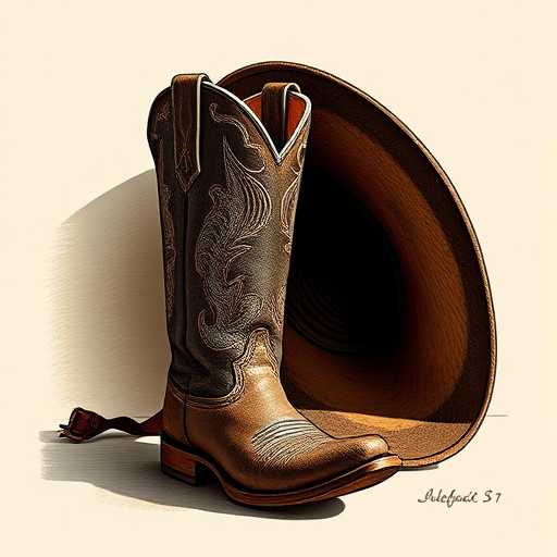 Create a high-resolution illustration of a cowboy boot and a cowboy hat side by side with a focus on texture and detail, using a Canon EOS 5D Mark IV at f/8, ISO 100, and a 50mm lens, with a natural light setting for enhanced shadow and depth.