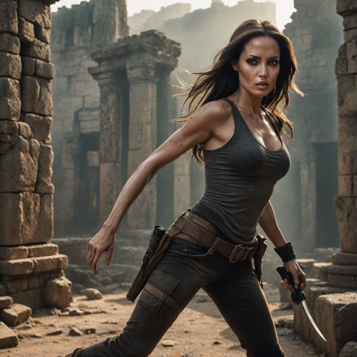 Fierce "Angelina Jolie" action pose, long dark hair in motion, determined expression, Tomb Raider inspired outfit, ancient ruins background, dramatic backlighting, smokey eye makeup, athletic physique