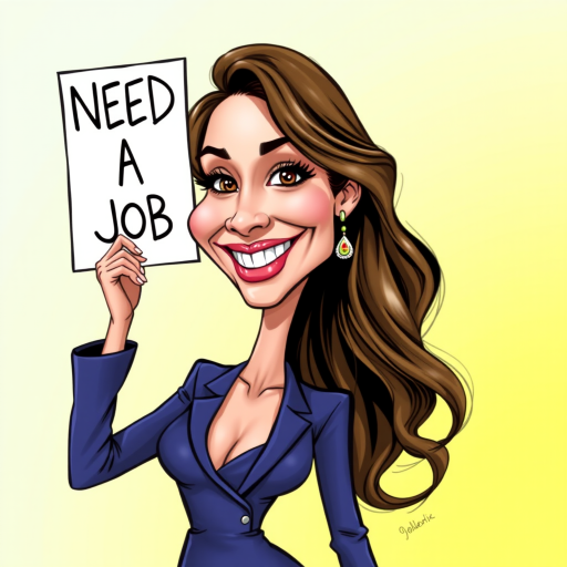caricature of a smiling Olivia Wilde in a Sapphire dress or suit, holding up a sign that says "NEED A JOB", no watermark,