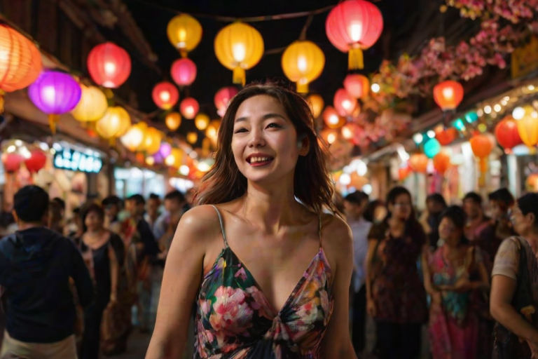 Crowded street festival at night, with colorful lanterns hanging above, a woman in a floral dress weaves through the crowd, her eyes wide with wonder at the lively scene around her.