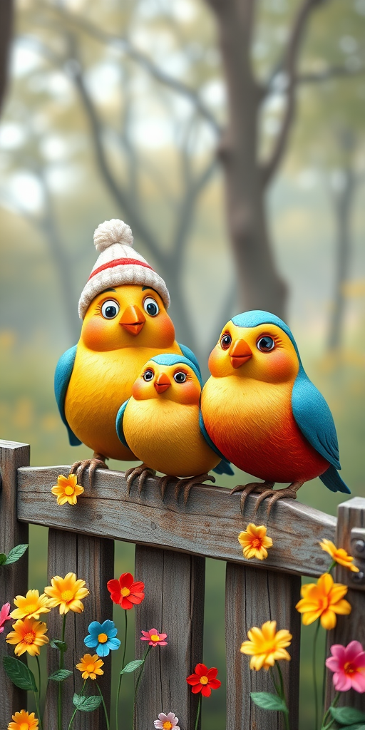 create a scene of 4 quirky  whimsical colourful comical birds each with a funny expression. they are sat on a wooden fence with colourful flowers. they are all different sizes. each one is a different colour  one is wearing a woolly hat. Each one has a different quirky google expression and there is a muted background of trees watercolour paintierly style high definition 8k resolution 3D paper mache