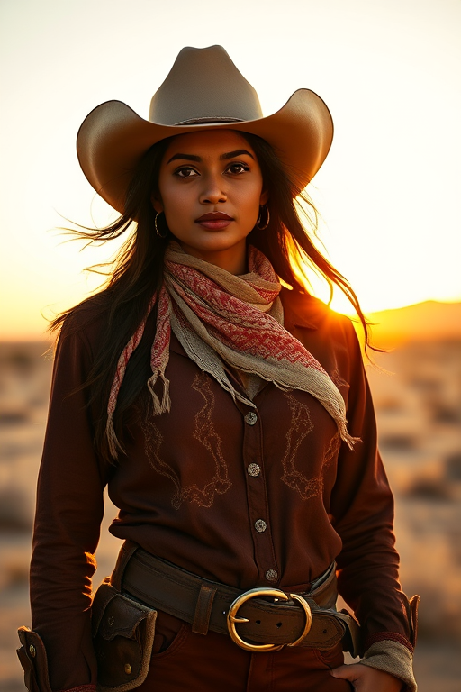 Dramatic photo of a beautiful Bangladeshi woman, classic cowboy attire, confident and free spirit expression, half-length portrait, centered, golden hour desert landscape, warm, diffused light, low angle, medium format film camera, in style of Annie Leibovitz.