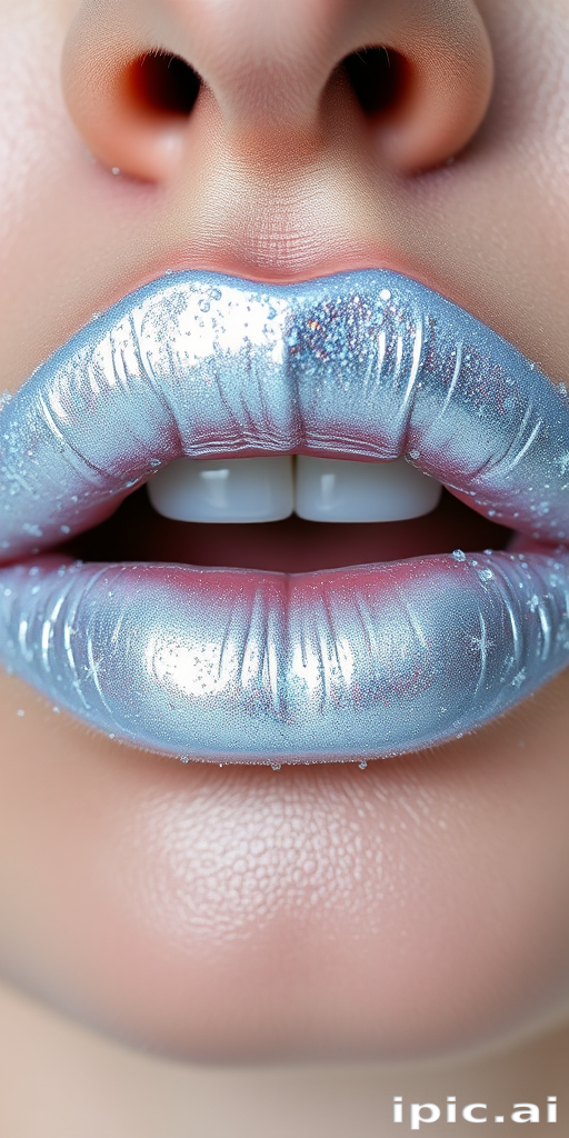 Icy white-silver lips in "Frost Queen" style, with a metallic finish and holographic snowflake-shaped glitter, creating a wintry and ethereal effect