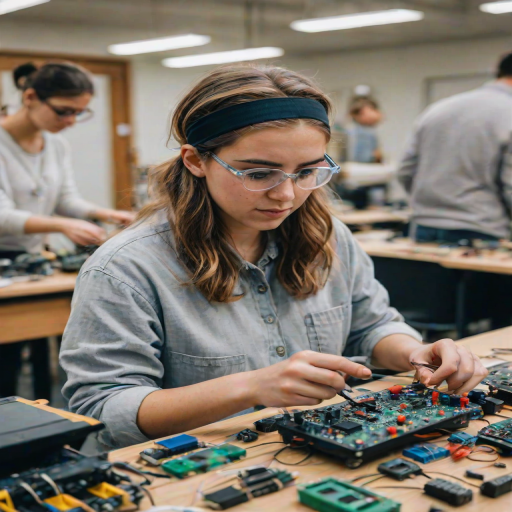 A young woman wearing safety goggles and a headband works on assembling electronic components at a tech workshop, surrounded by various tools and gadgets.