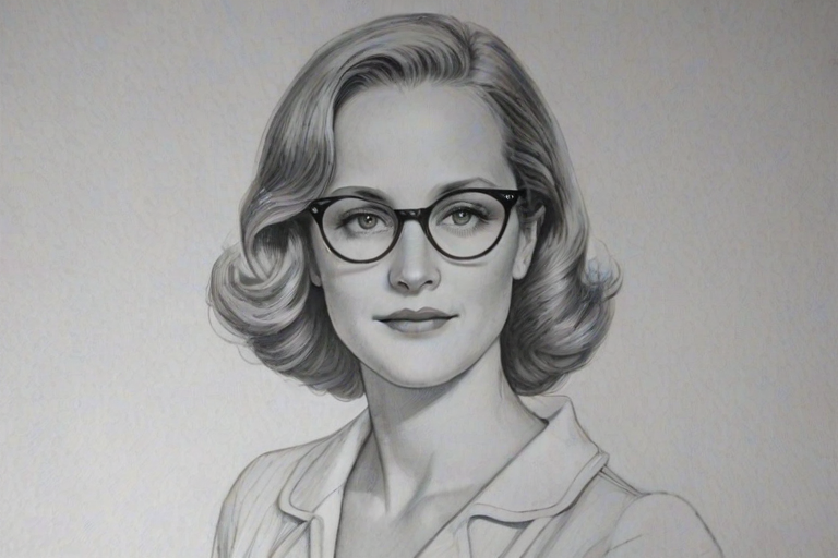 Graceful Helen Hunt, pencil sketch, portrait of Radiant woman 1930s in glasses, hair style beatnik, outline, clear lines, fine lines, 8k