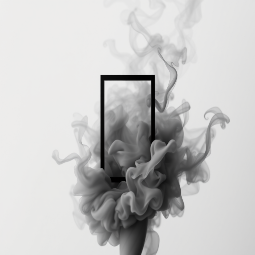 Create an abstract image of a black frame surrounded by swirling gray smoke on a minimalist background, captured with a Canon EOS R5 at f/2.8, 1/200s, ISO 100, in a wide-angle view with a soft focus effect.
