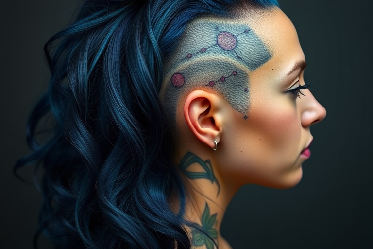 Deep indigo waves cascading down one side with the opposite half shaved and adorned with constellation tattoos, embodying celestial mystery named Stargazer's Mane