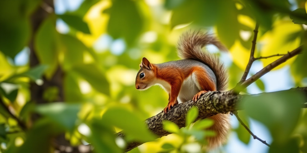 squirrel perched on a tree branch surrounded by leaves, natural sunlight filtering through foliage, shallow depth of field, ISO 200, f/2.8, 1/500s, macro lens, DSLR camera, vibrant colors, high resolution, focus on the squirrel