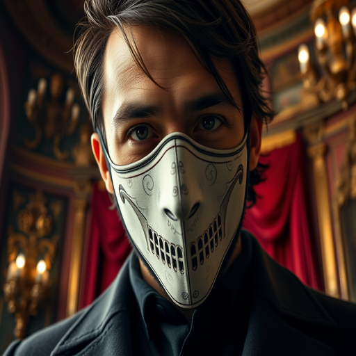 Create a dramatic portrait of a man in a half-mask, showcasing intricate details on the mask and a rich, vintage theater backdrop with ornate decorations, using a Canon EOS R5, 50mm lens, f/1.4 aperture, ISO 100, and natural lighting to capture a high dynamic range and sharp focus on the subject.