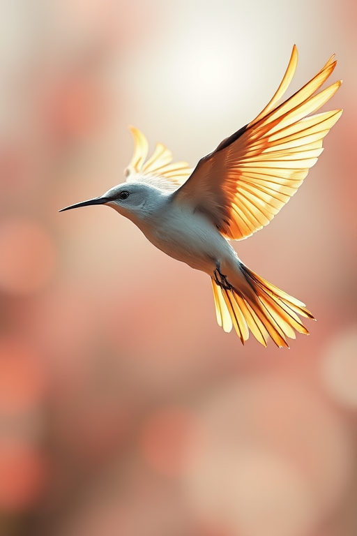 Generate a stylized illustration of a bird in flight with flowing lines and soft colors, using a Canon EOS R5, 50mm lens, f/2.8 aperture, ISO 100, with a shallow depth of field and natural lighting to enhance the details and colors.