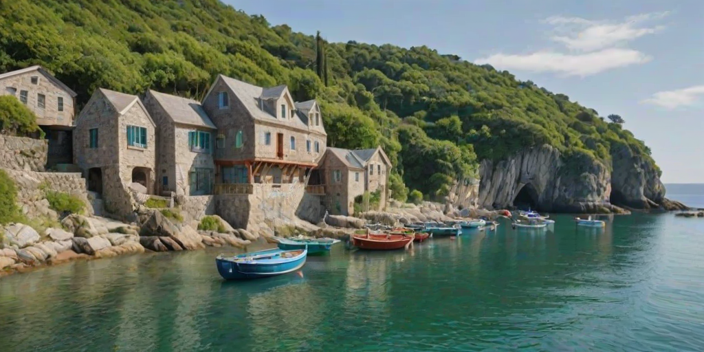 a serene coastal scene depicting colorful boats docked by picturesque stone buildings on a rocky shoreline surrounded by lush greenery and clear blue water