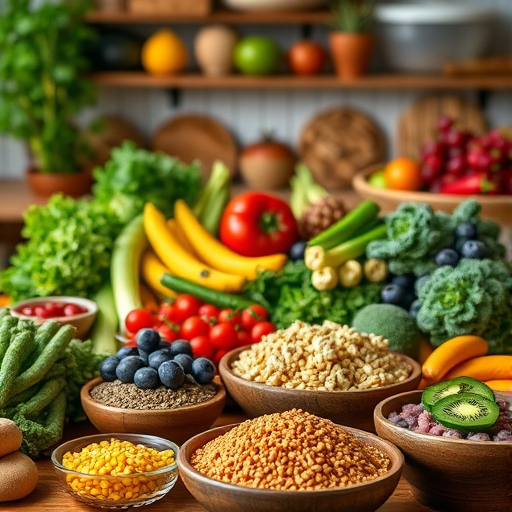 Capture a vibrant kitchen scene with an abundance of colorful fruits, vegetables, and grains arranged in wooden bowls, using a Canon EOS R5 at f/2.8, ISO 100, 50mm lens, natural lighting, and a shallow depth of field for enhanced image quality.