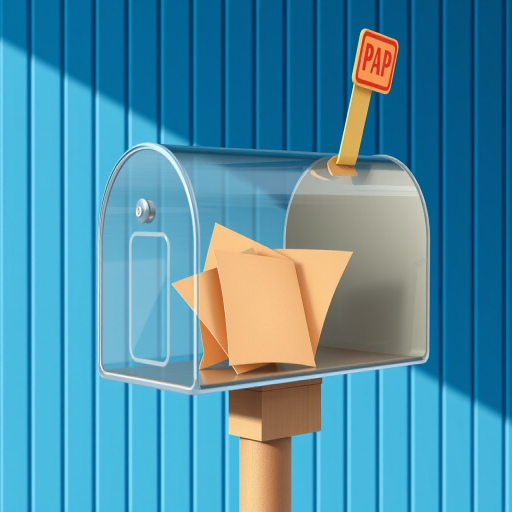 Generate a high-resolution digital illustration of a transparent mailbox with brown paper letters inside, against a blue striped background, using a Canon EOS R5 with an aperture of f/4, ISO 100, and a focal length of 50mm, in a realistic style.