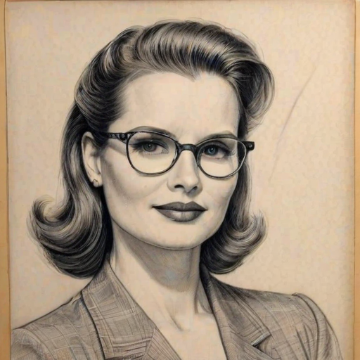 Graceful Geena Davis, pencil sketch, portrait of Pleasing woman 1937s in glasses, hair style beatnik, outline, clear lines, fine lines, 8k
