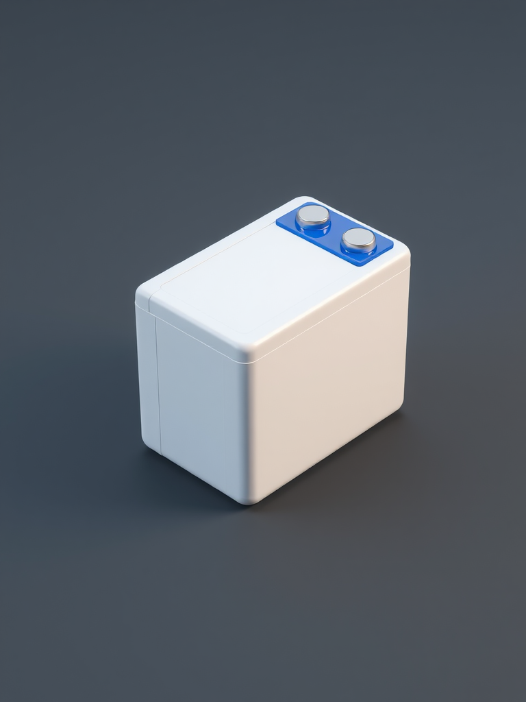 Create a high-resolution 3D rendering of a rectangular battery with a blue top and white body, using a DSLR camera with a 50mm lens, aperture f/8, ISO 100, and soft studio lighting for a professional look.