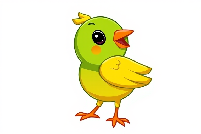 Create a high-resolution illustration of a cartoon bird with a green body, yellow wings, and an orange belly, using a digital tablet at 300 DPI, with a bright color palette and a simple white background for enhanced clarity.