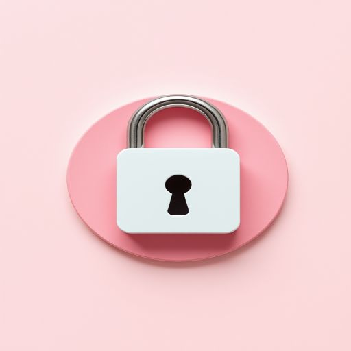 Create an image of a simple padlock icon with a keyhole on a soft pink circular background, using a 50mm lens, f/1.8 aperture, ISO 100, and a clean flat lay style for enhanced clarity and depth.