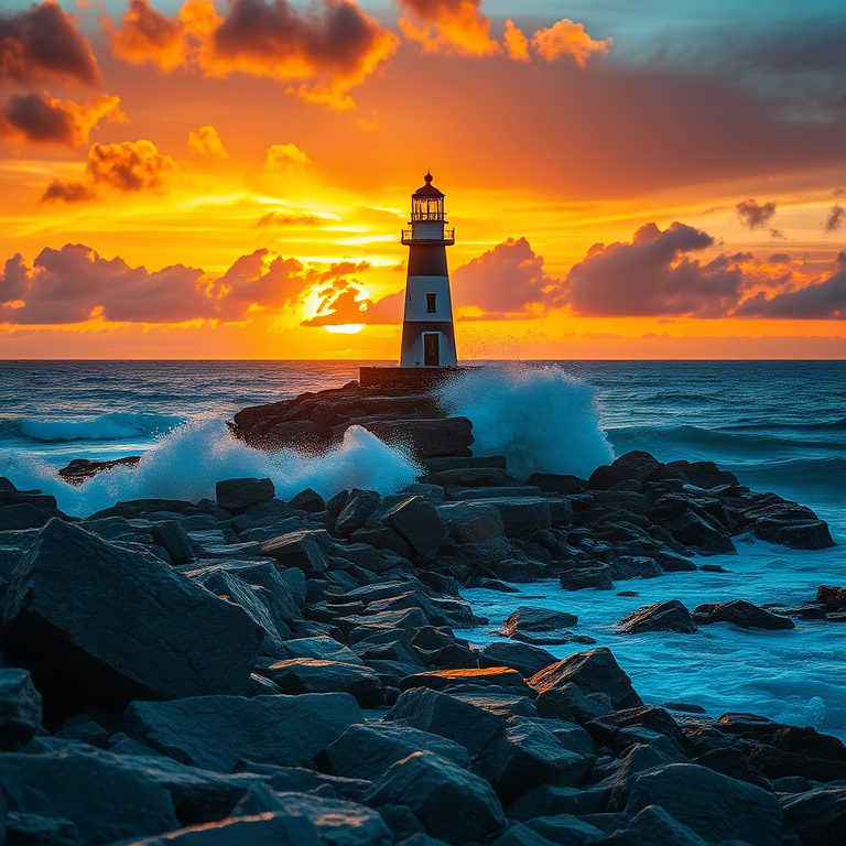 Create a vibrant watercolor painting of a lighthouse on a rocky shore during sunset, capturing dramatic waves crashing against the rocks, with a warm, colorful sky filled with clouds, using a Canon EOS R5 with a 24-70mm f/2.8 lens at f/8, ISO 100, and a slight tilt-shift effect for depth.