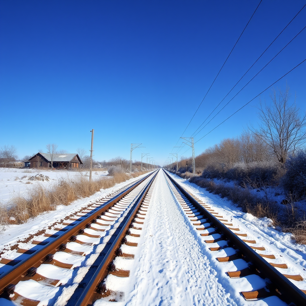 a winter railway scene with snow-covered tracks, clear blue sky, high dynamic range, shot with a DSLR camera at f/8, ISO 100, 1/250 sec, wide-angle view, focus on the tracks and landscape details