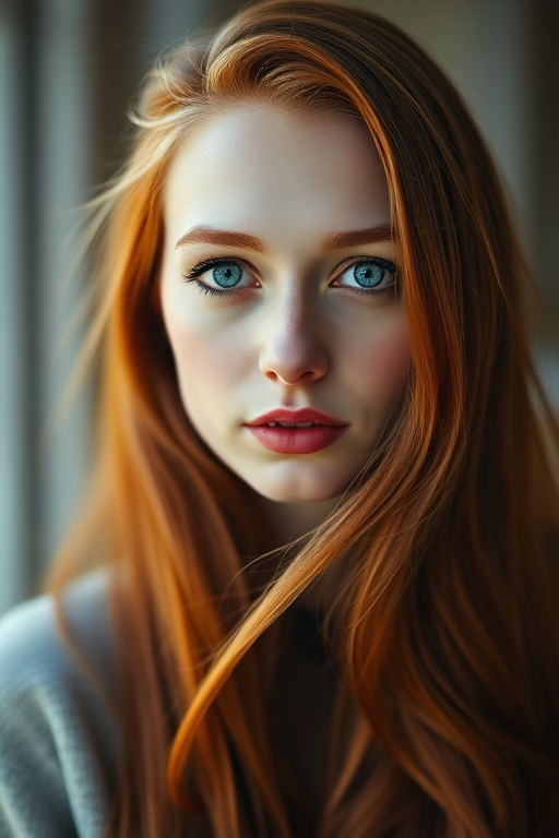 portrait of a woman with long red hair and blue eyes, natural light, soft focus, shallow depth of field, 50mm lens, f/1.8, ISO 100, 1/200s, captured with a DSLR camera
