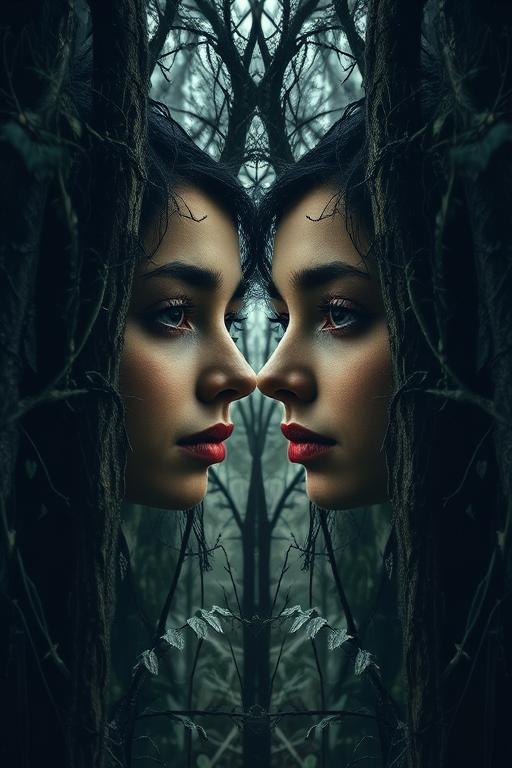 Create a symmetrical portrait of two human faces merging with trees and nature, emphasizing organic textures and details, in a dark, moody color palette, shot with a Canon EOS R5, 85mm lens, f/1.8, ISO 100, in soft-focus style.