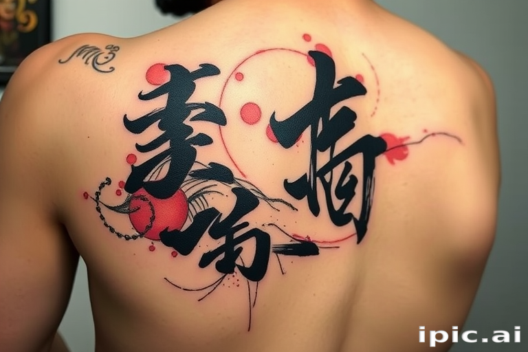 Brush stroke tattoo called "Zen Calligraphy" featuring bold expressive ink-like strokes forming abstract representations of nature and Japanese characters with a dynamic sense of movement