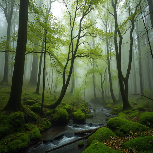 generate a serene forest landscape with mist, lush green trees, and a gentle stream, captured with a Canon EOS R5, 24mm lens, f/2.8 aperture, ISO 100, 1/250 sec exposure, using a macro photographic style for enhanced image quality and detail