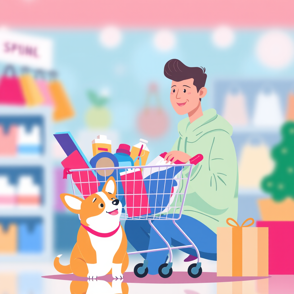 create a digital illustration of a person shopping online with a shopping cart full of items and a corgi next to them, using a soft focus background, vibrant colors, and a playful style, captured with a 50mm lens at f/2.8, ISO 100, and a slight bokeh effect for depth