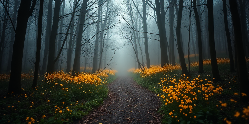 Create an image of a magical forest path illuminated by glowing golden flowers, soft mist in the air, in a 35mm lens, f/2.8 aperture, ISO 200, with a shallow depth of field, capturing a serene and enchanting atmosphere.