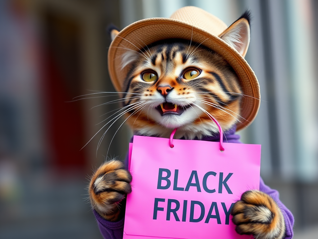 A playful cat wearing a hat and a purple shirt, smiling while holding a pink shopping bag with the text "BLACK FRIDAY," captured with a DSLR camera, aperture f/2.8, focal length 50mm, natural light, shallow depth of field, vibrant colors.