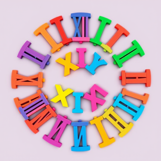 Create an illustration of a circular arrangement of colorful, stylized Roman numerals from I to XII, in a vibrant, playful art style, captured with a DSLR camera at f/2.8 aperture, ISO 100, 24mm focal length, top-down view, natural daylight lighting to enhance colors and clarity.