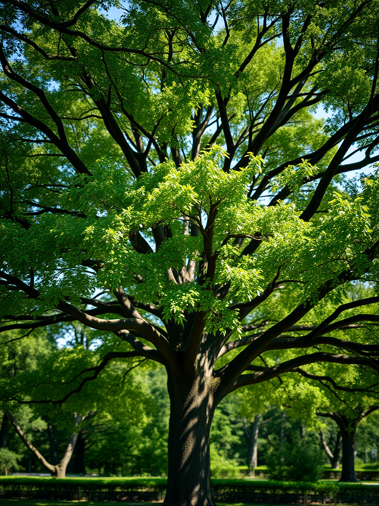 high-resolution image of a large, leafy tree in a natural setting, shot with a DSLR camera at f/8 aperture, ISO 200, 50mm lens, with a shallow depth of field to enhance focus on the tree, bright daylight setting, capturing vibrant colors and details